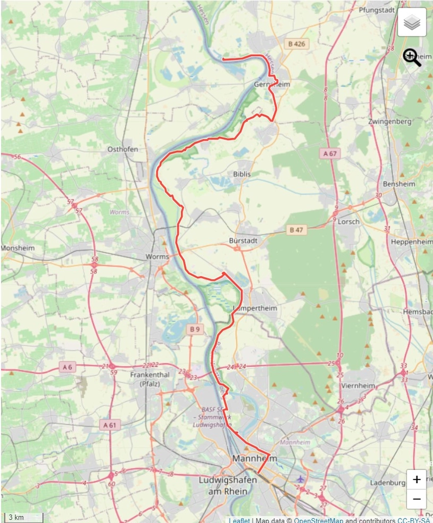 Übersicht Fahrradtour Mannheim - Gernsheim